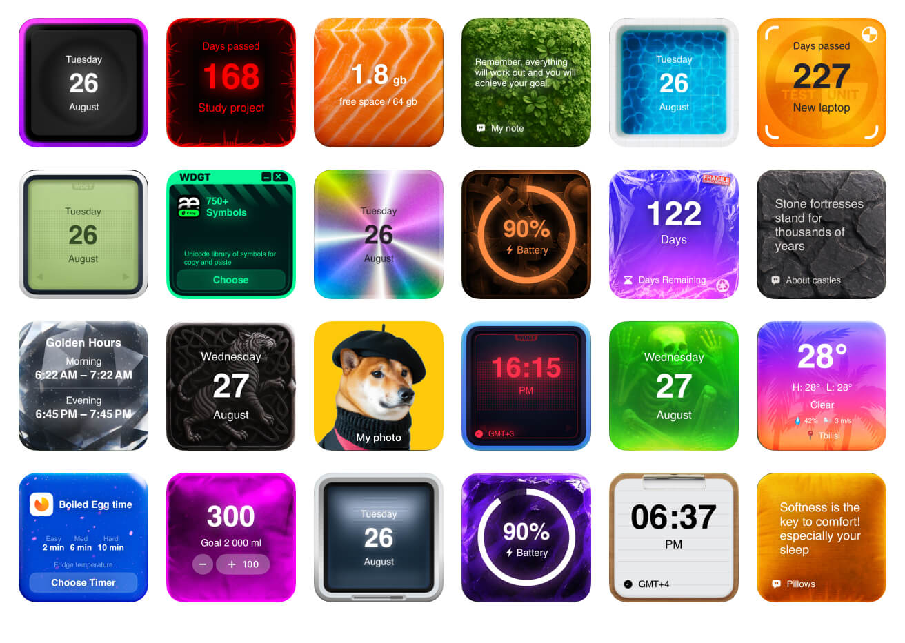 Vibrant widget theme examples showing colorful and energetic designs