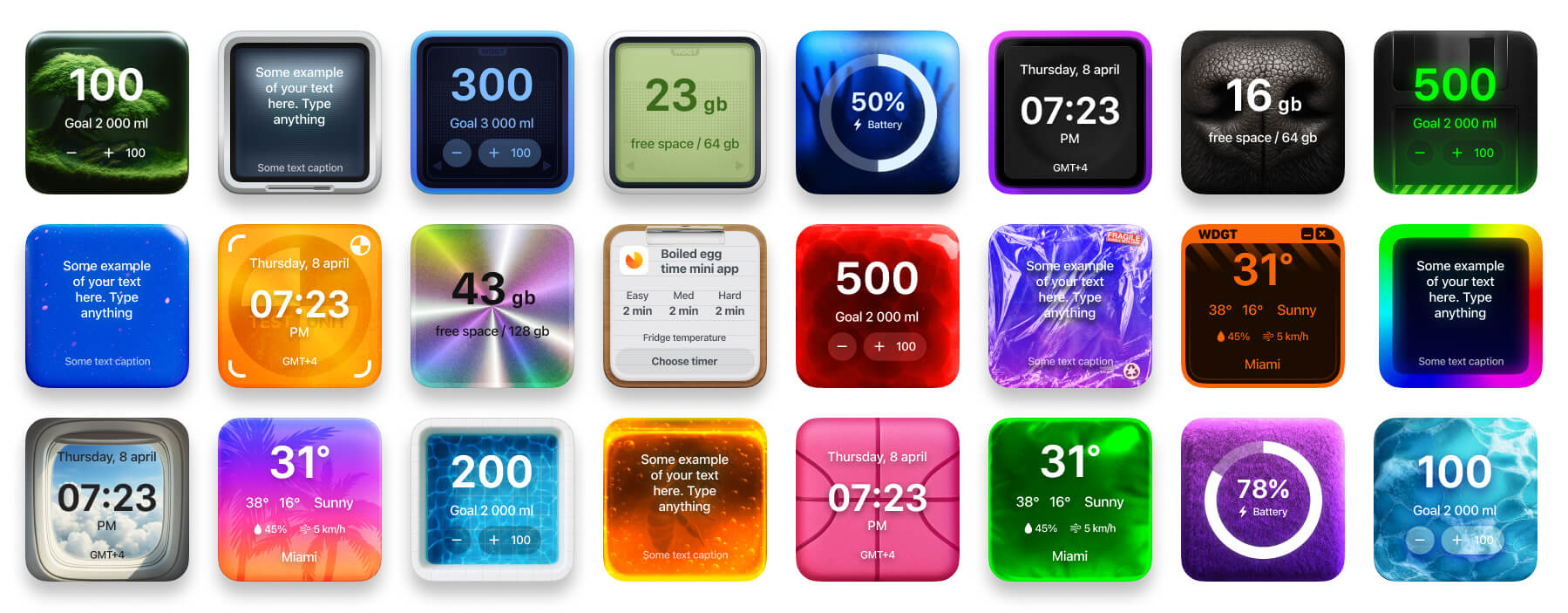 Examples of battery widgets in different themes and layouts on iPhone