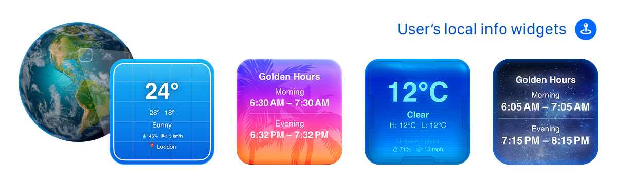 Travel home screen setup showing weather and location widgets