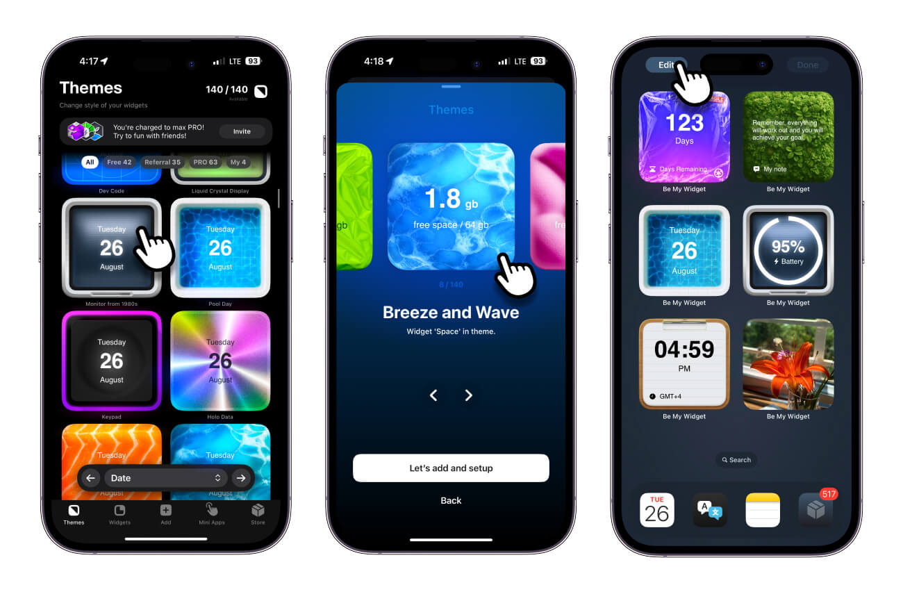 Aesthetic widget gallery and home screen preview on iPhone