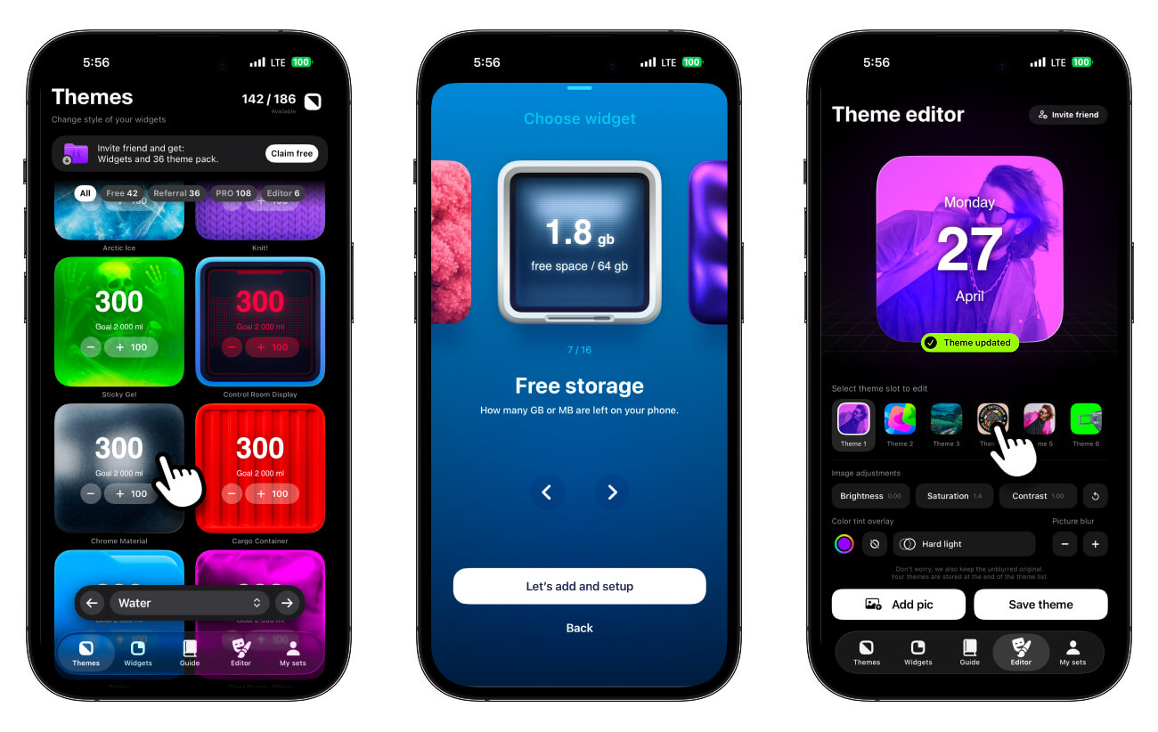 Widget gallery and editor preview on iPhone: minimal themes
