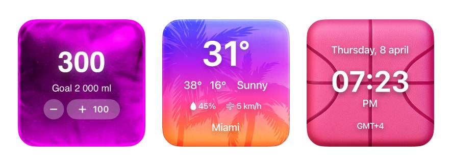 Pink themed widgets with cute icons and soft gradients