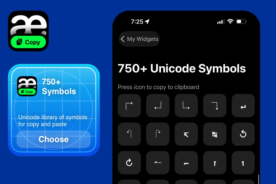 Full-screen unicode symbols library organized by categories