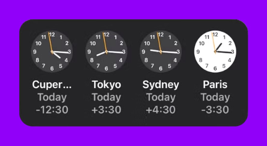 World clock widget showing multiple city times on iPhone home screen